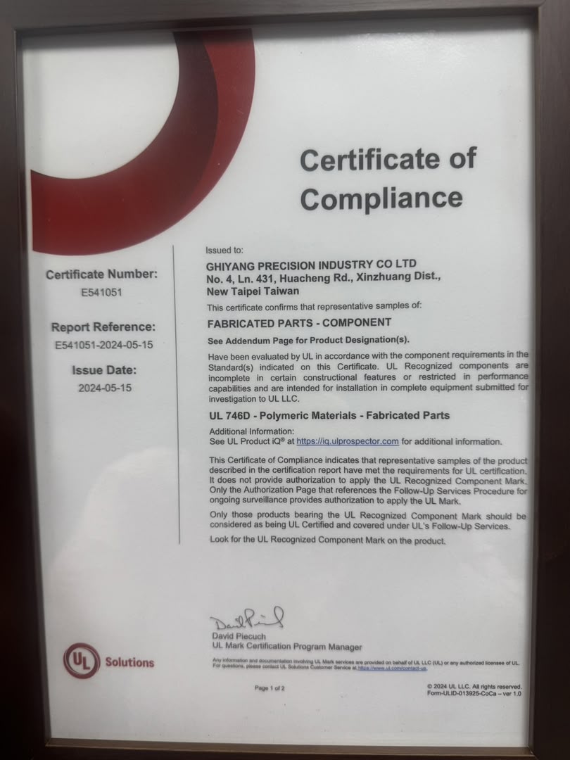 Certificate of Compliance - GHIYANG PRECISION INDUSTRY CO LTD 810x1080px
